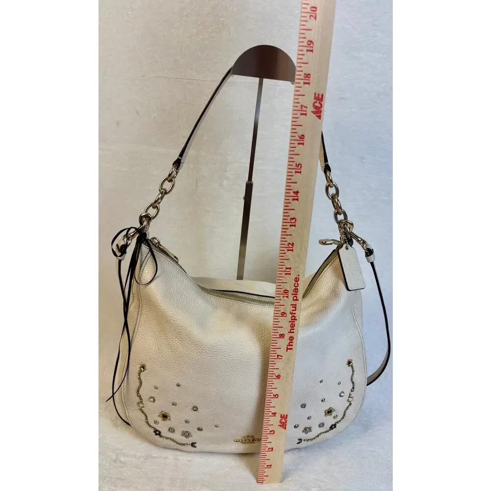 Authentic Coach Cream Leather Stardust Crystal Rivet Elle Hobo Shoulder Bag